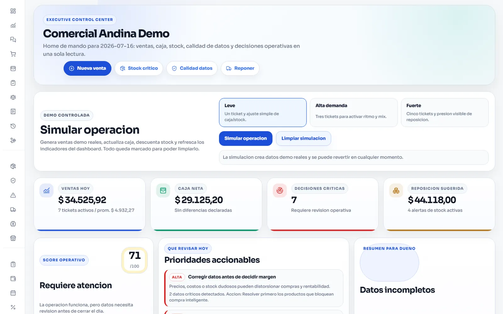 Interfaz real de SIS Control Comercial con datos demo de ventas, caja, stock, decisiones críticas y prioridades accionables