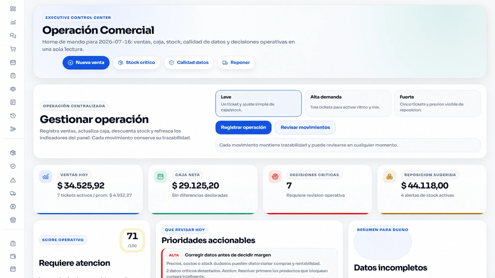 Interfaz real de SIS Control Comercial con ventas, caja, stock, calidad de datos y reposición sugerida