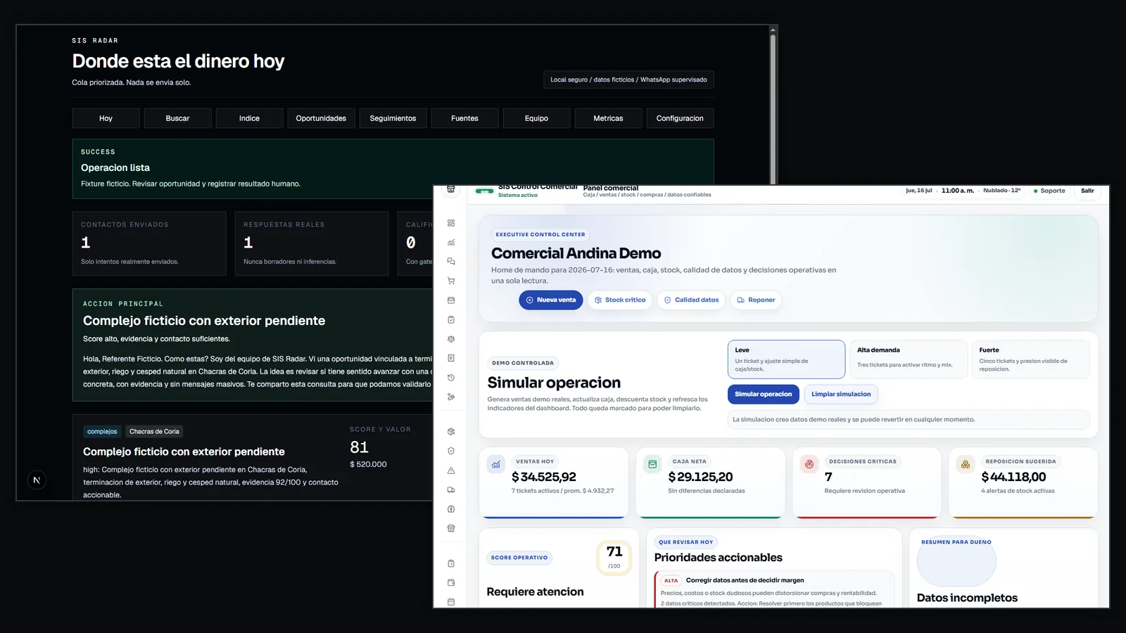 Composición de interfaces reales y sanitizadas de SIS Radar y SIS Control Comercial